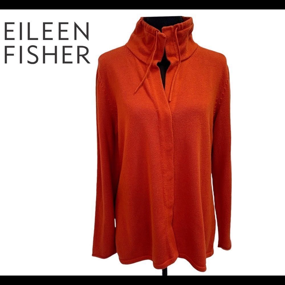 Eileen Fisher burnt orange organic cotton Button Front high neck sweater size M